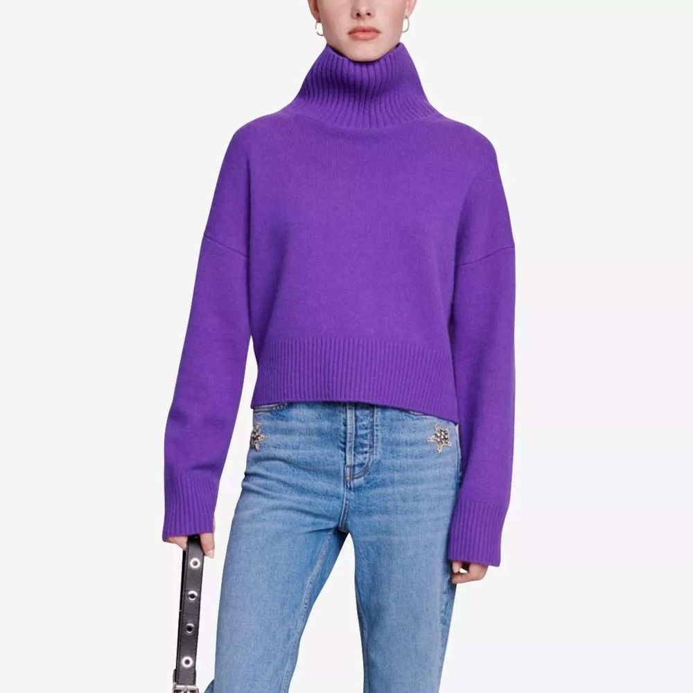 Maje Violet Cashmere Blend Turtleneck Sweater Purple Logo Cropped Size 1